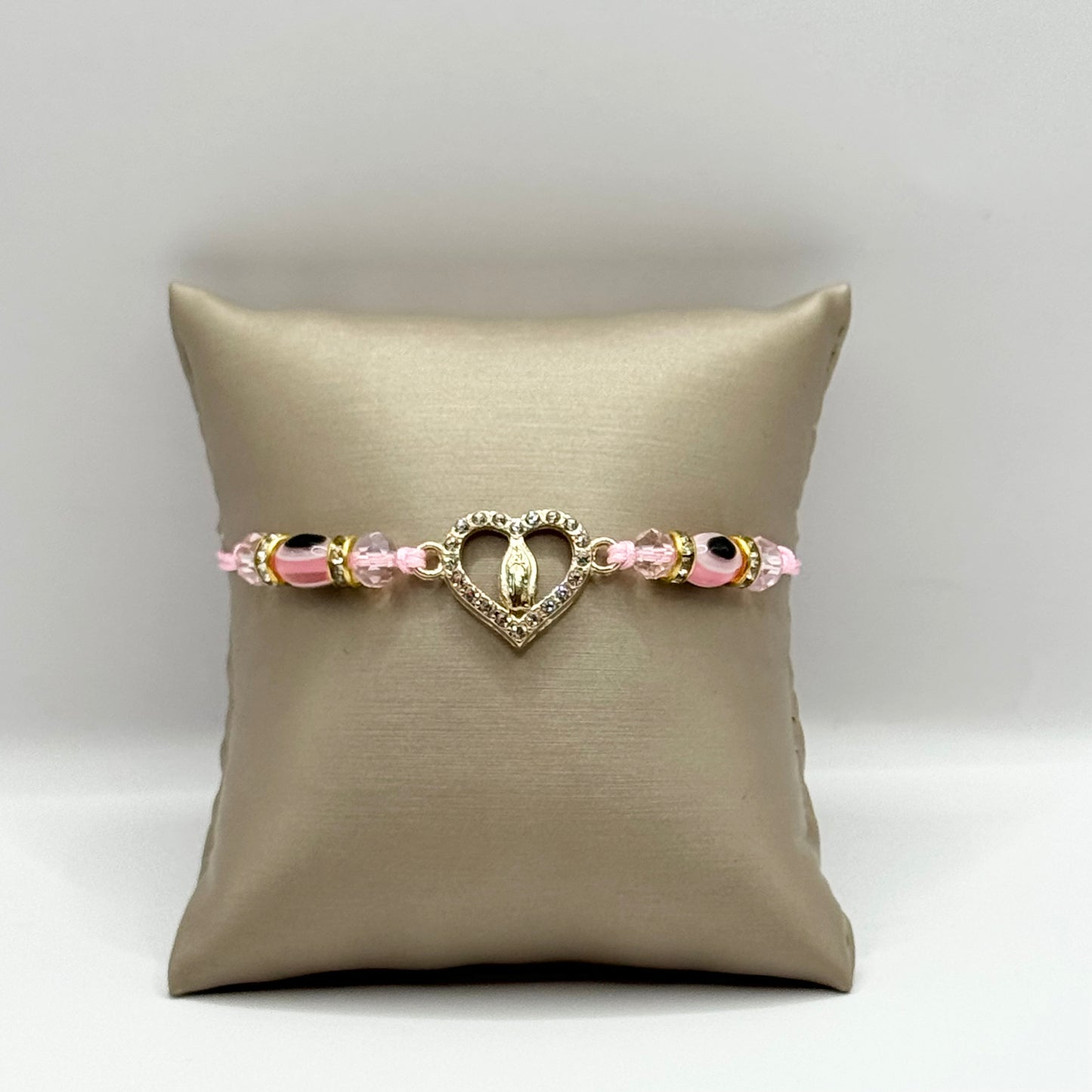 Heart Virgin De Guadalupe Light Pink with Evil Eye Bracelet