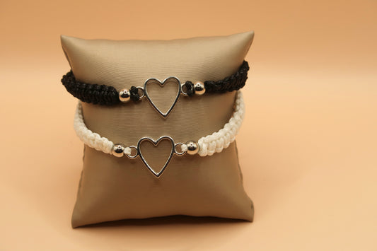 Black & white Silver Heart Matching Bracelet Set