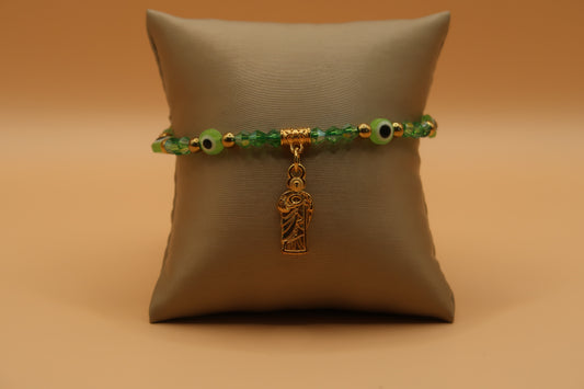 Dangling San Judas lime green evil eye bracelet