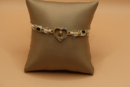 Heart Virgin De Guadalupe White  with Evil Eye Bracelet