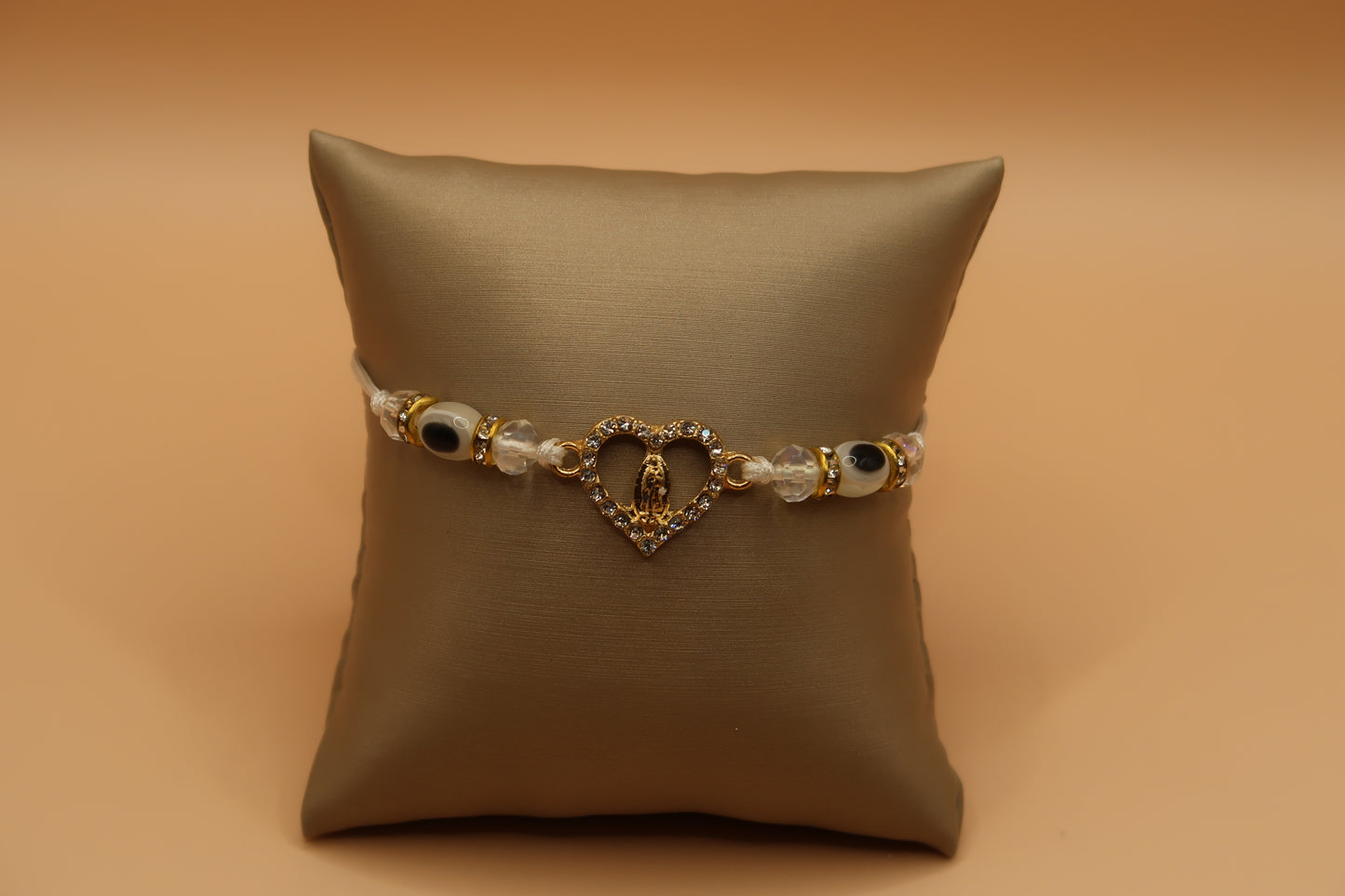 Heart Virgin De Guadalupe White  with Evil Eye Bracelet