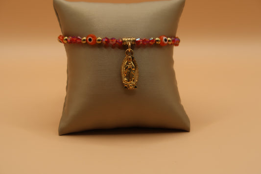 Dangling Virgin de Guadalupe Red & Gold With Evil Eye Bracelet