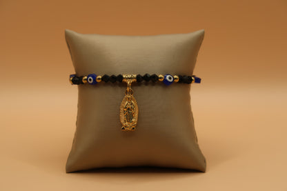 Dangling Virgin de Guadalupe black & Gold With Evil Eye Bracelet